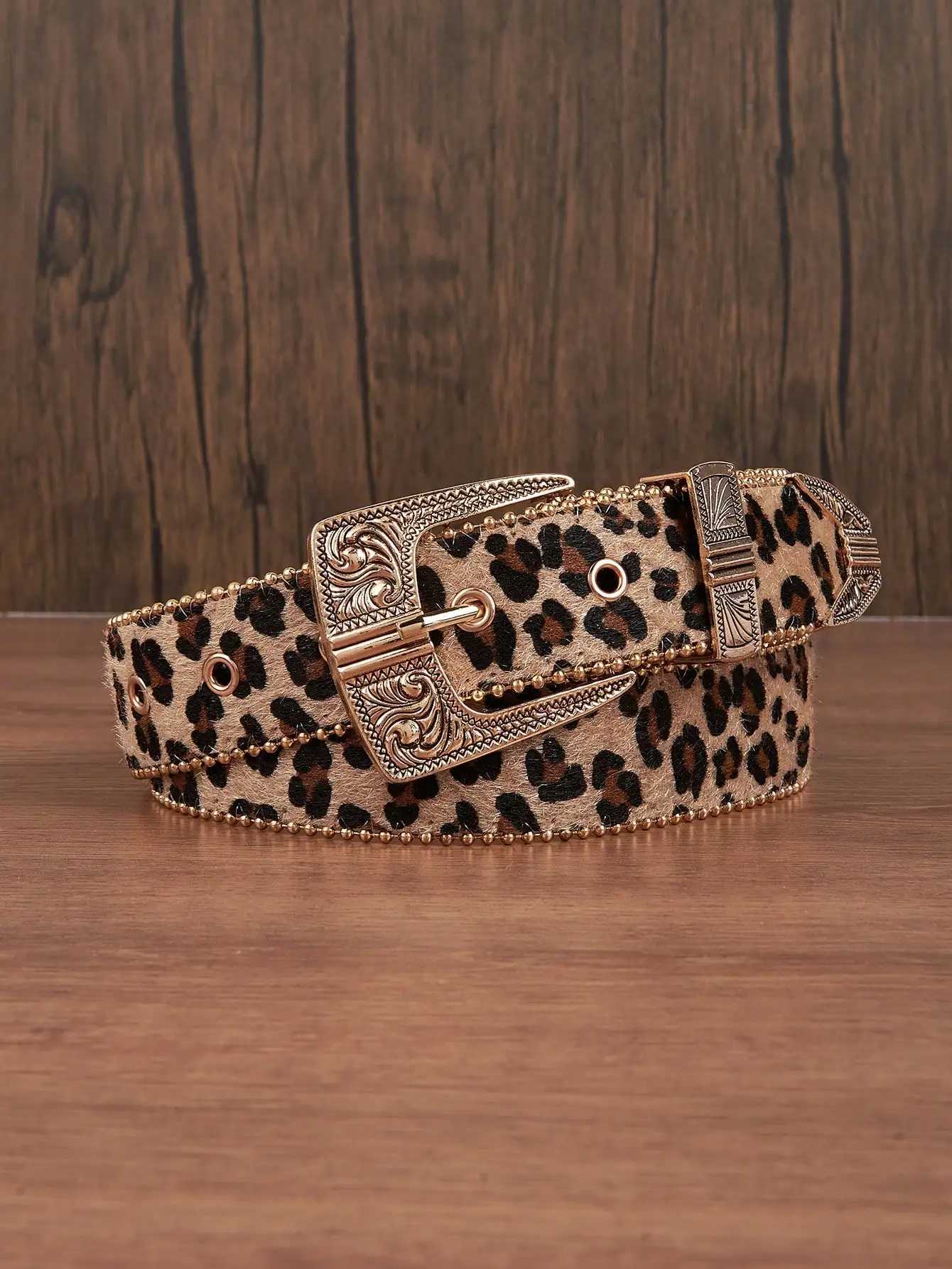 1pc Men Leopard Vintage Engraved Metal Buckle Pearl Edged Jeans Belt Versatile For Casual Wear HalloweenXJ250210