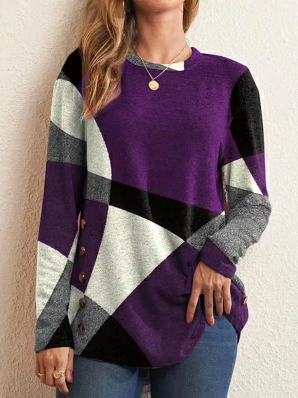 European and American Women Casual Color Block Long Sleeve Buttons Top Dressy Geometric Tunic Tops Crewneck T Shirts 250114Z