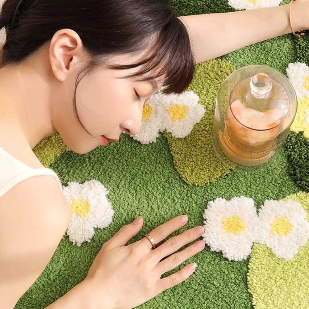 Green Forest Irregular Floor Mat Fluffy Moss Green Carpet Three-Dimensional Flocking Bedroom Rug Flocked Green Plush Bedroom Rug Y250210
