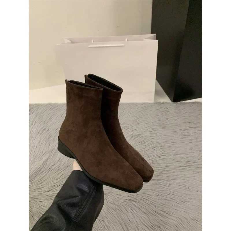 Autumn and Winter New Coarse Heel Suede Ankle Boots Womens Fashion Versatile Elastic Short Boots Korean Skinny BootsC250210