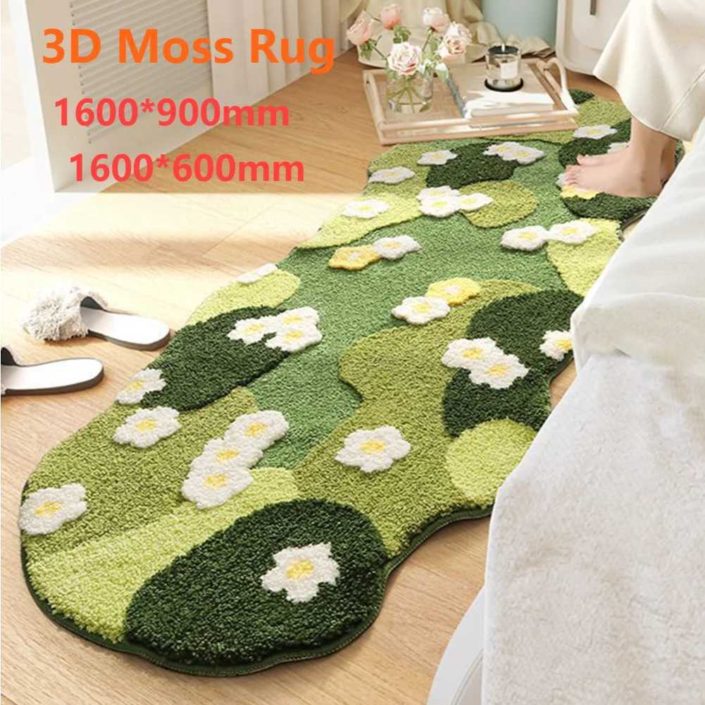 Green Forest Irregular Floor Mat Fluffy Moss Green Carpet Three-Dimensional Flocking Bedroom Rug Flocked Green Plush Bedroom Rug Y250210