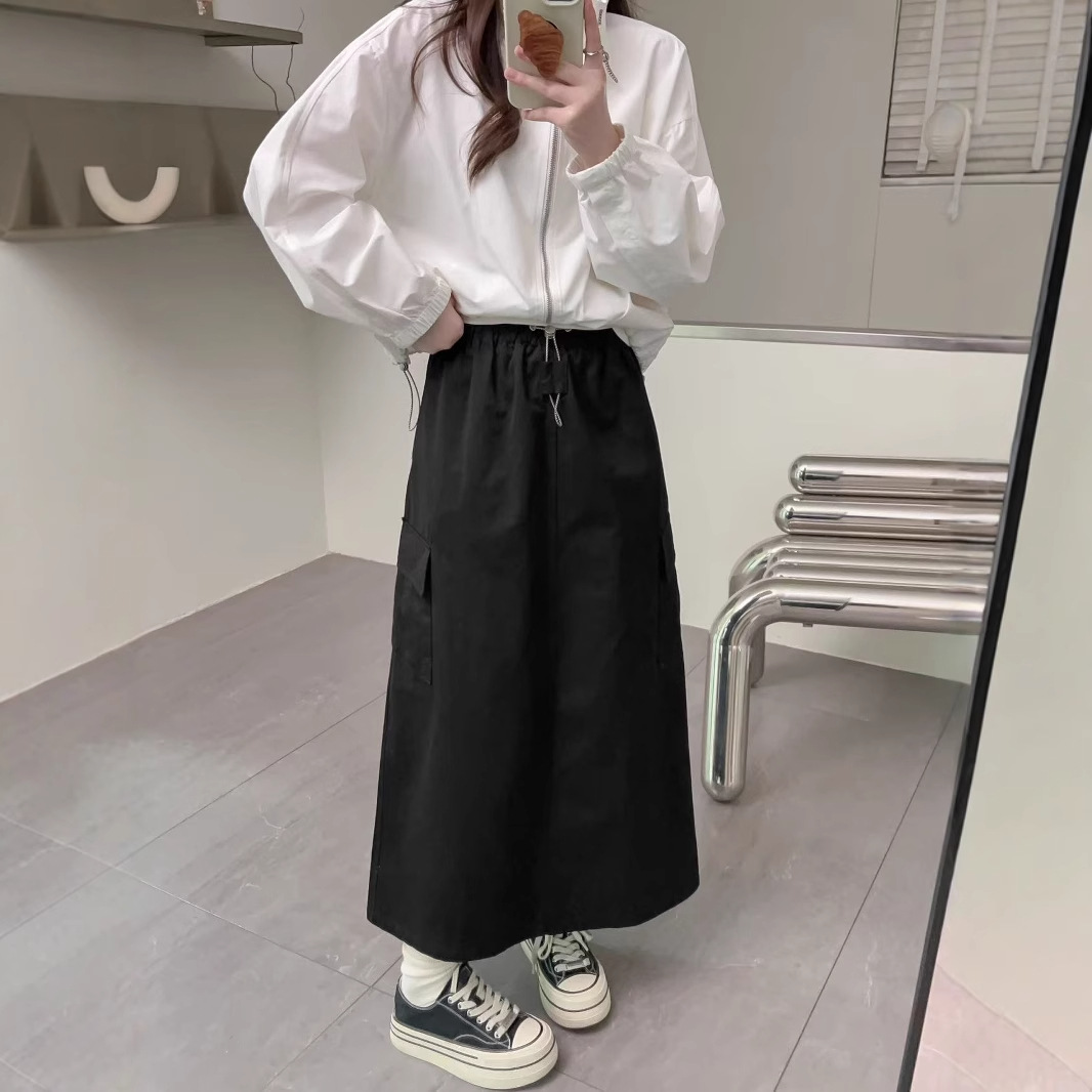 KO5210 American retro elastic waist workwear skirt female 2025 spring new slit long skirt 250053