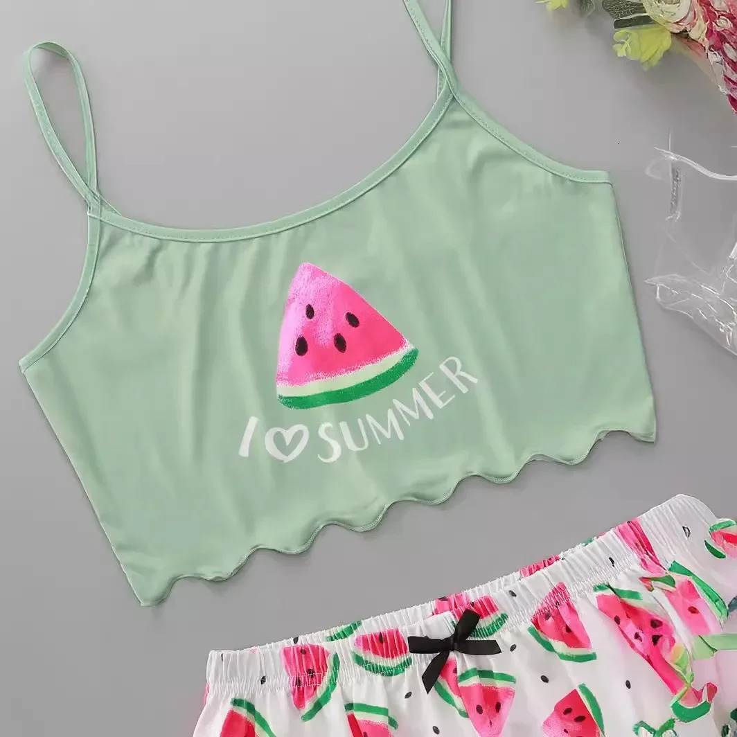 Watermelon Lettuce Women Pajama Set Sleeveless O Neck Crop Top Elastic Waist Shorts 2 Pieces Female Sleepwear Summer Nightwear 250210