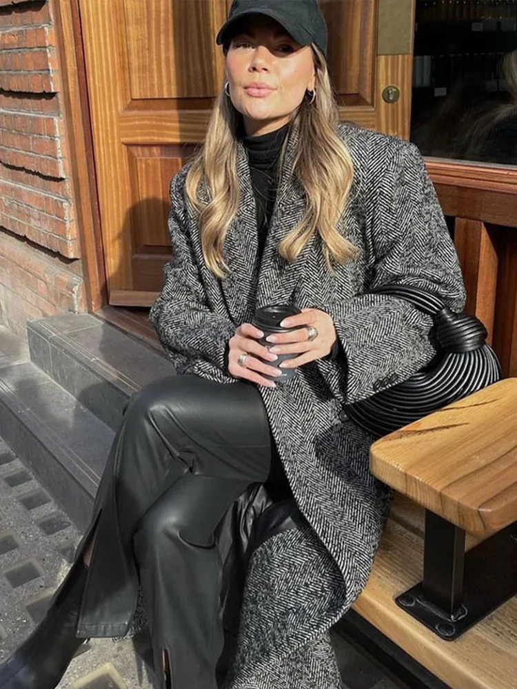 Suit Collar Striped Long Coat Thicken Woolen Overcoat Casual Loose Elegant Womens Commute Warm Cotton Coats Autumn Winter 250109Z