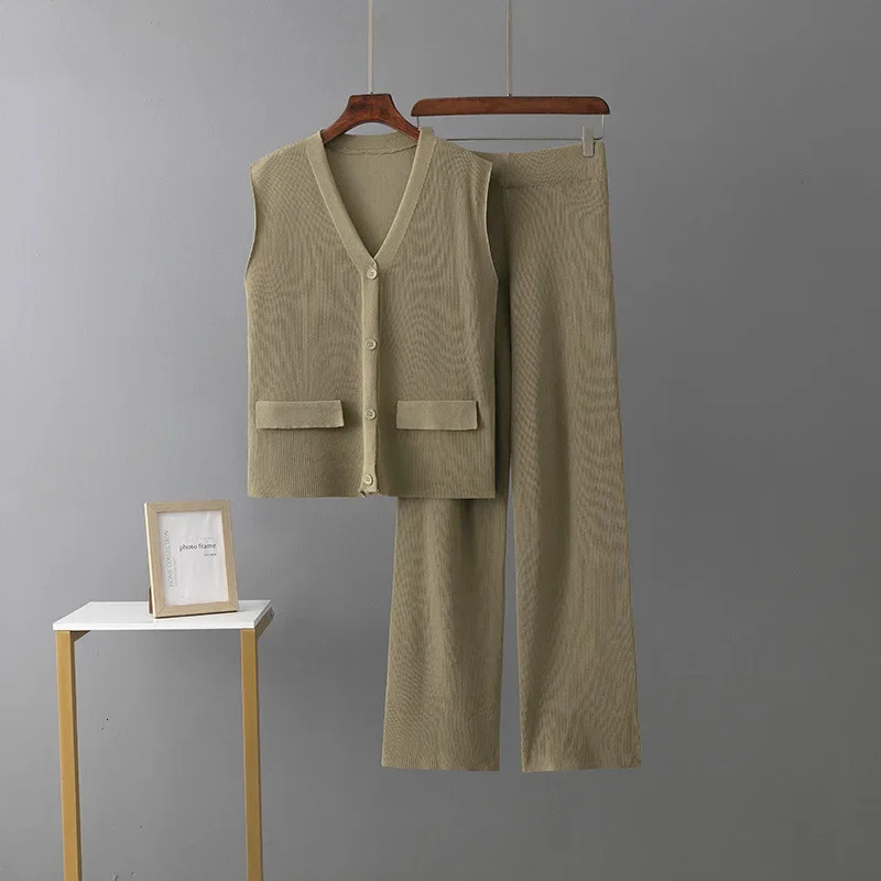 Elegant Tracksuit Suit Women O Neck Button Contrast Color Short-sleeved Tops with High Waist Wide Leg Knit Pants Two-piece Set 250210