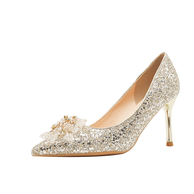 Dress Shoes 2023 wedding shoe New bridesmaids pointed toe stiletto single shoes champagne sequined heels 230823