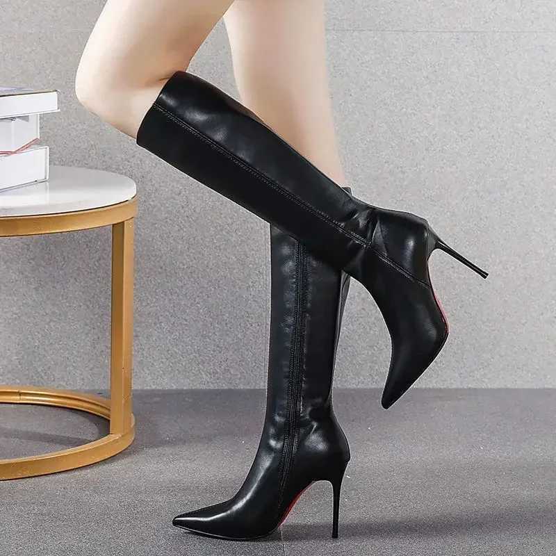 Black Womens Boots Long Pointed Toe Very High Heel Shoes for Woman Footwear Winter Knee Shaft Boot Trend 2024 Demi-season HotC250210