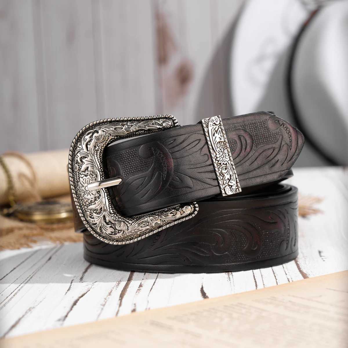 Western Cowboy PU Leather Belt - Men Waist Str Bull Decoration Floral Engraved for JeansXJ250210