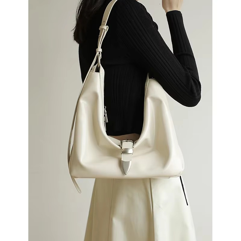 Metal Buckle Texture Niche Design, Genuine Leather Underarm Women's Shoulder Tote Bag