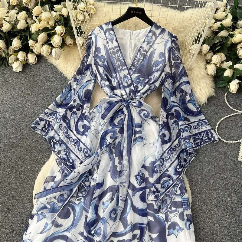 Designer Womens Casual Dresses Luxury Temperament Long Sleeved V-neck Slim Blue And White Porcelain Positioning Silk Dress