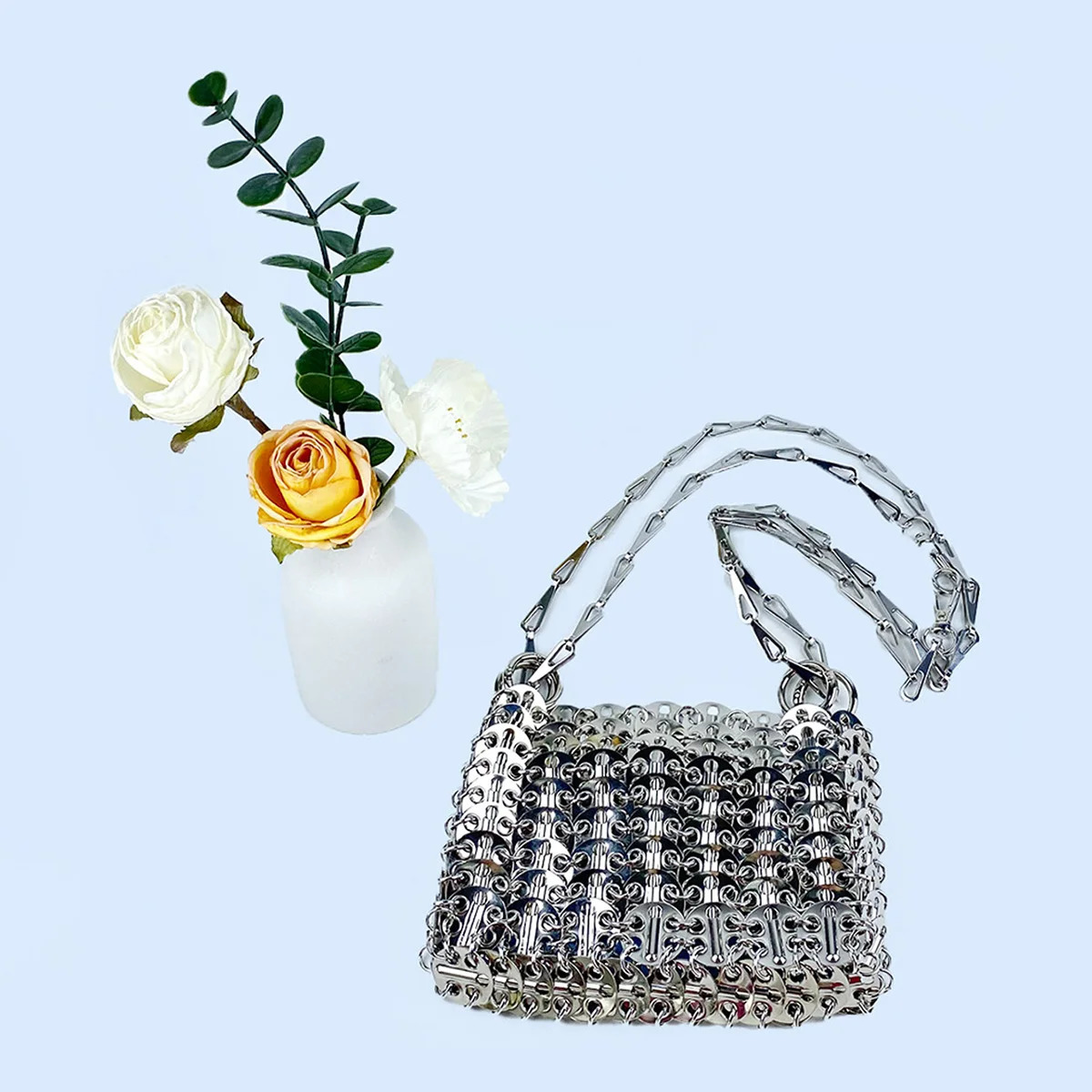 Silver Shiny Bag Handmade Woven Beaded Sequin Bag Mobile Phone Bag Long Shoulder Strap Single Shoulder Crossbody Bag for Women 250210