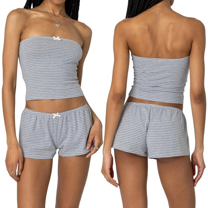 Women Two Piece Outfits Y2k Boy Shorts Set Sleeveless Striped Crop Top Button Down Loungewear Pajamas Streetwear 250210