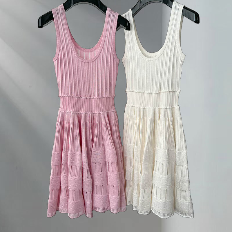 Women's U-Neck Knit Camisole Dress Designer Sexy Cut-Out Mini Dress With Pleated Detail Available In Three Colors Spring Chic Versatile For Any O