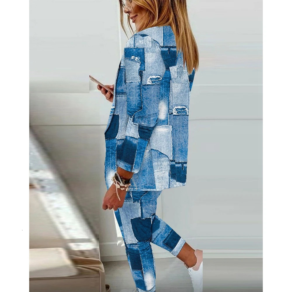 2-Piece Denim Look Print Blazer Coat and Drawstring Pants Sets for Women Casual Outfits Elegant Suit Spring and Autumn Clothing 250210