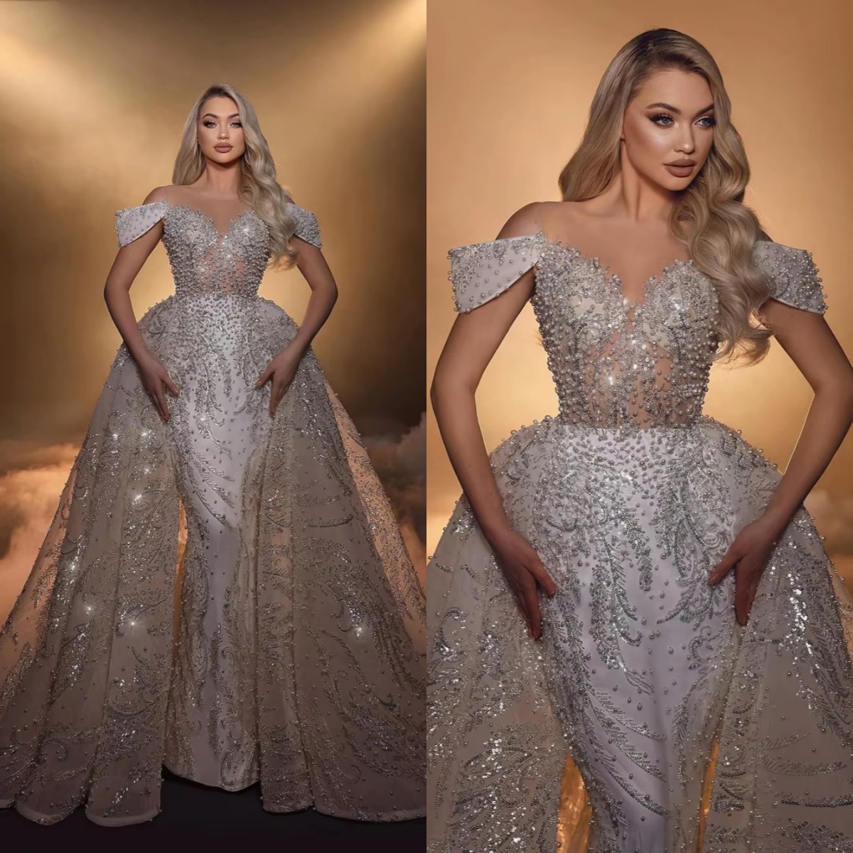 Mermaid Wedding Dress Sheer Neck Off Shoulder Bridal Gowns Pearls Sequins Detachable Train Dresses Custom Made vestidos de novia