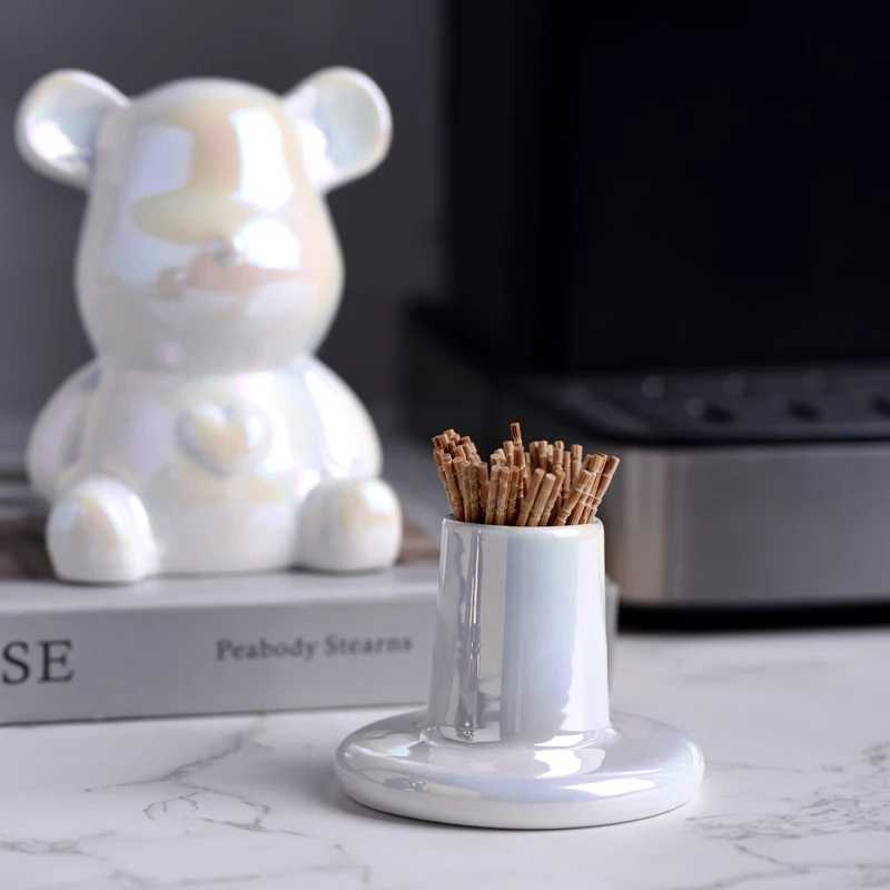 1 piece of ceramic toothpick holder cute shaped cotton toothpick holder with a caring teddy bear fashionable he decoration Y250210