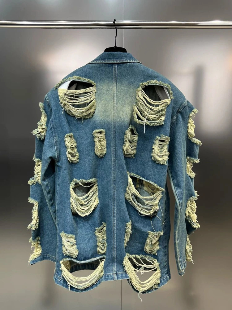 Vintage Street Denim Suit Autumn Ripped Tassel Loose Blazer CoatWide Leg Casual Jeans Straight Pants Two-Piece Set 250210