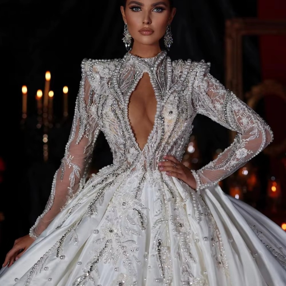 Ball Wedding Dress For Women High Collar Long Sleeves Bridal Gown Crystal Pearls Sequins Sweep Train Dresses Custom Made vestidos de novia