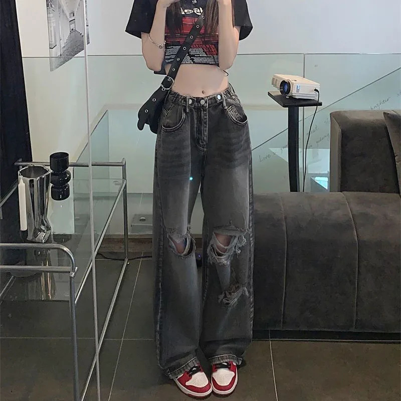 Y2K Ripped Denim Pants for Women Spring Button High Waisted Baggy Washed Hole Vintage Jeans Casual AllMatch Straight Trousers 250121