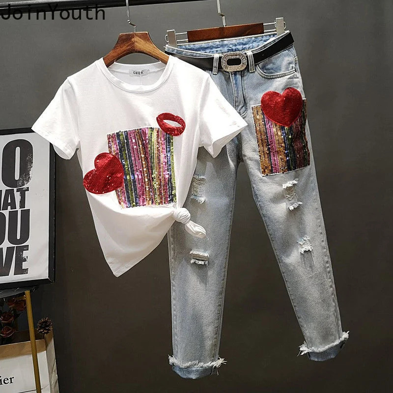 Joinyouth Fashion Sets Chic Sequins White Tshirt High Waist Ripped Jeans Suit Roupas Femme Korean Pants 2 Piece Set Women 250210