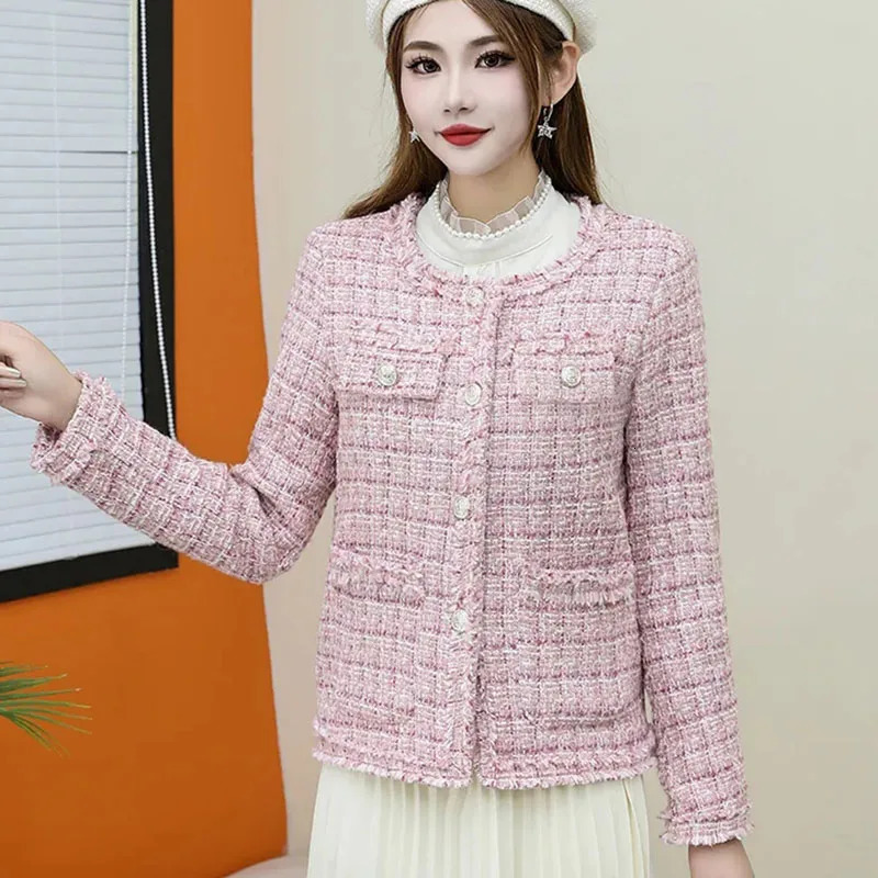 Autumn Winter Vintage Pink Tweed Women Blazers Lady Small Fragrance Jacket Coat Korean Woolen Coats Elegant Female Outerwear 250208