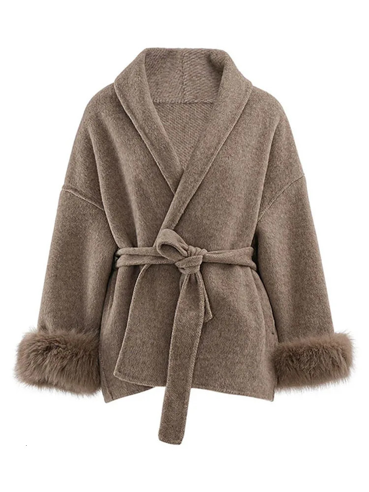 LANMREM Autumn Winter Woolen Coat Women Fashion Feather Spliced Sleeves Belt Gathered Waist Jackets 2024 Clothing CPG1864 250109Z