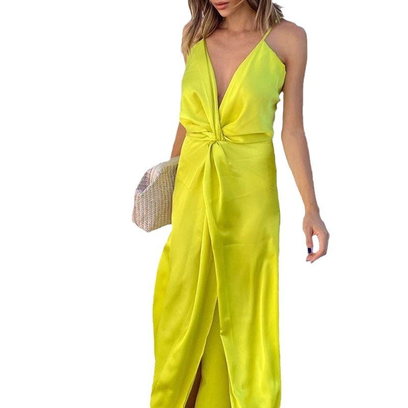 2024 new womens solid color V-neck waist cinched slit sexy long winter dress for women 240715