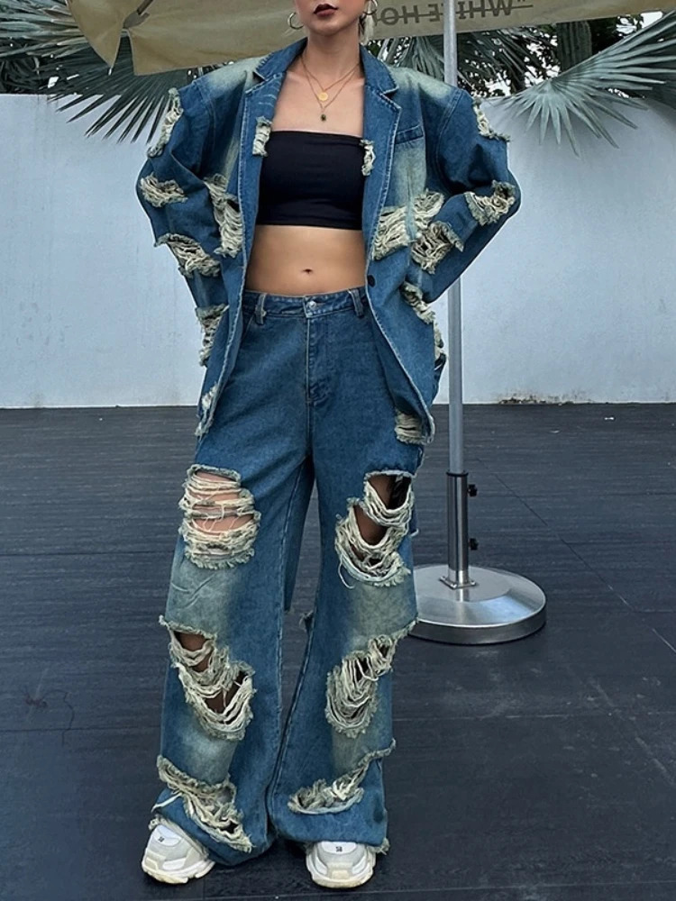 Vintage Street Denim Suit Autumn Ripped Tassel Loose Blazer CoatWide Leg Casual Jeans Straight Pants Two-Piece Set 250210