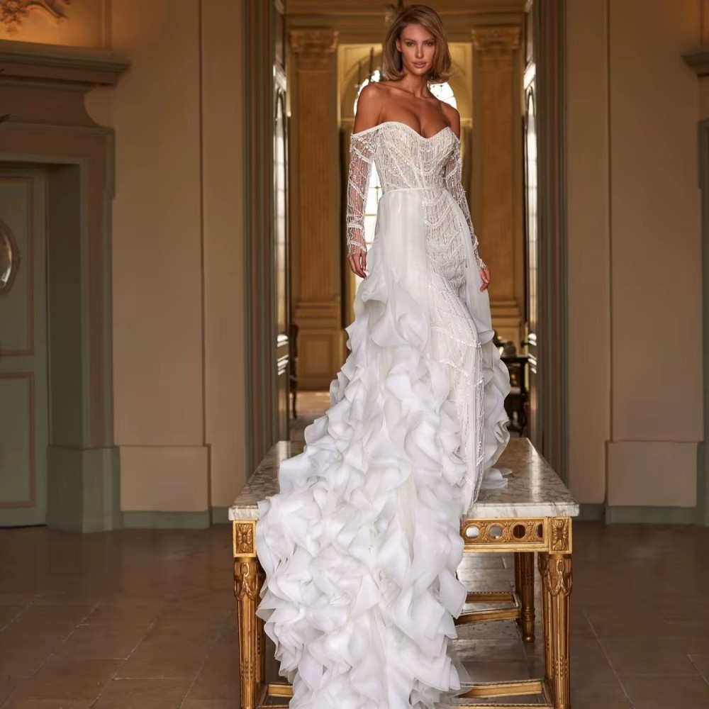 Fashion Mermaid Wedding Dress Off Shoulder Long Sleeves Bridal Gowns Sequins Ruffles Detachable Train Dresses Custom Made vestidos de novia