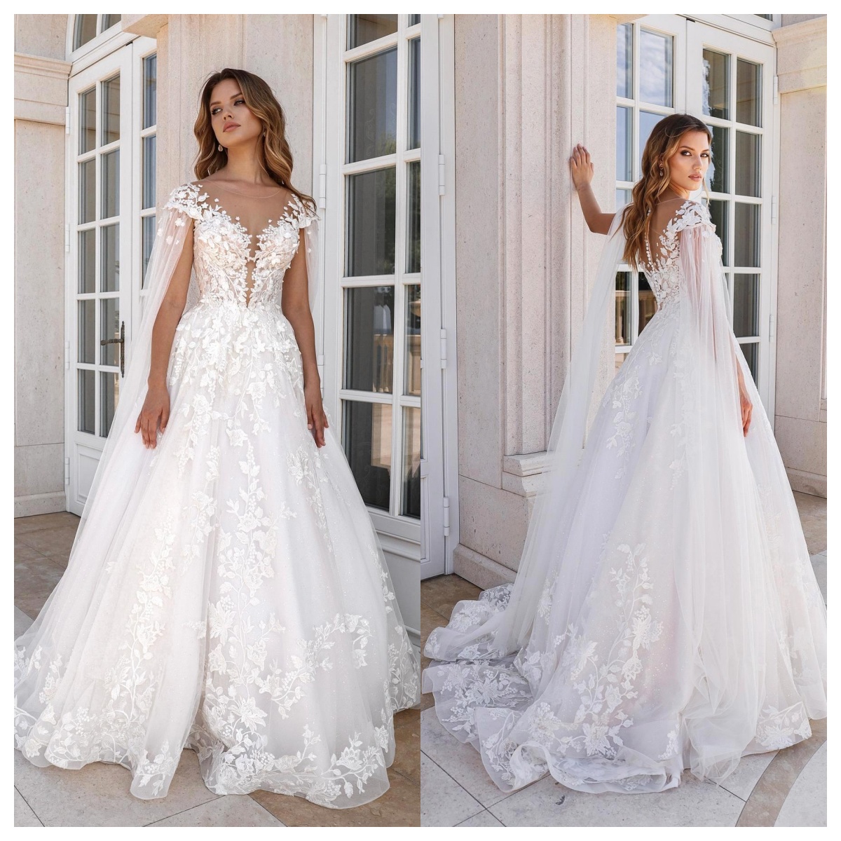 Elegant Lace A-line Modest Boho Wedding Dresses Sheer Cap Sleeves Scoop Neck Tulle Lace Appliques Court Train Bridal Gowns With Buttons BC20105 0210