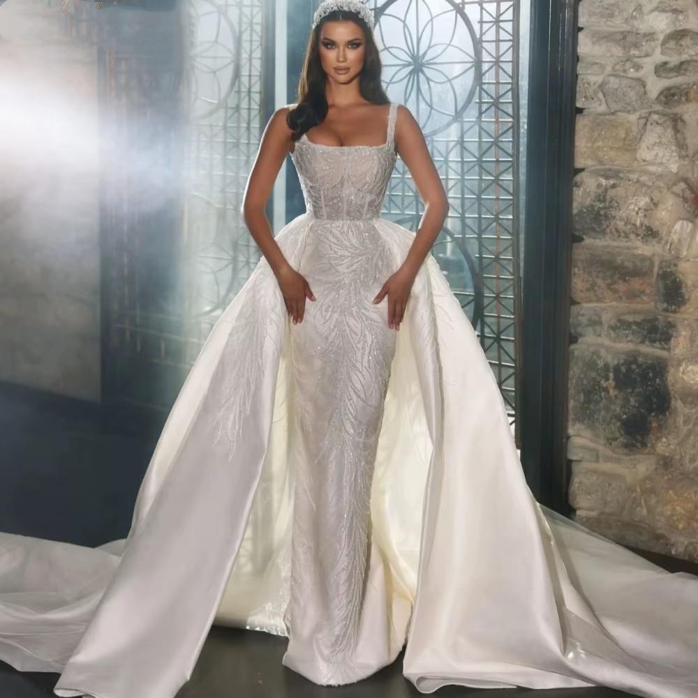 Simple Mermaid Wedding Dress Square Neck Sleeveless Bridal Gowns Sequins Detachable Train Dresses Custom Made vestidos de novia