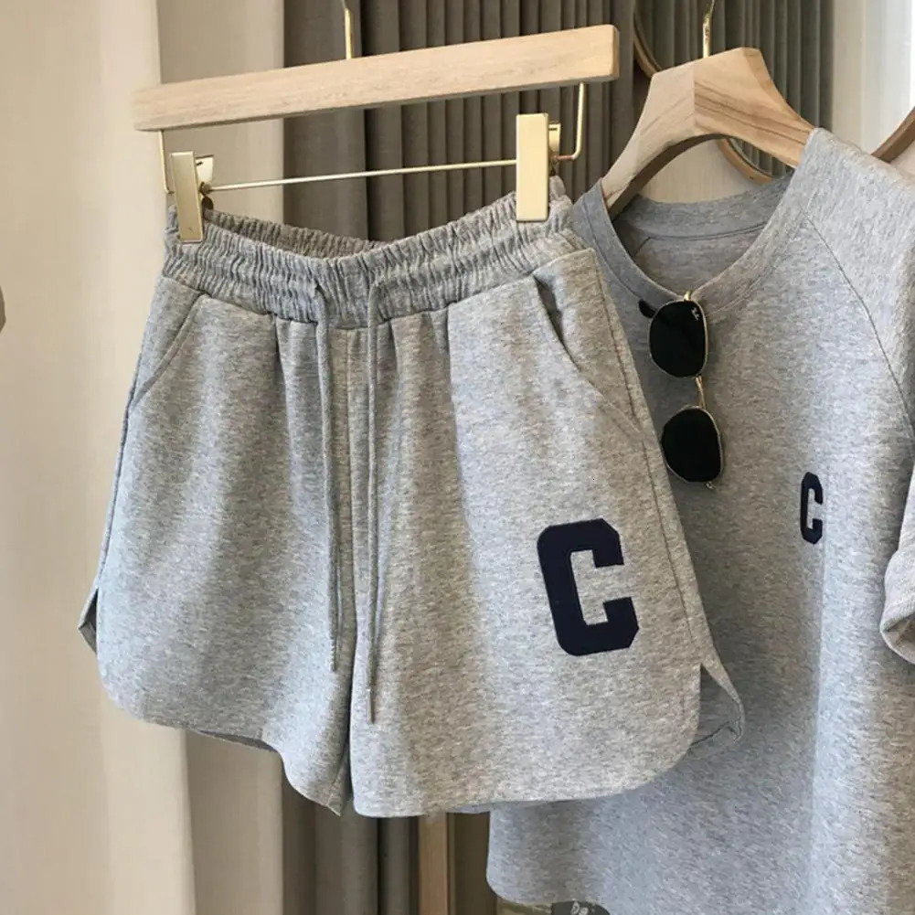 2 PcsSet Summer Women Tracksuit Short Sleeve O Neck Letter Print Tshirt Drawstring Elastic Waist Loose Shorts Top Set 250210