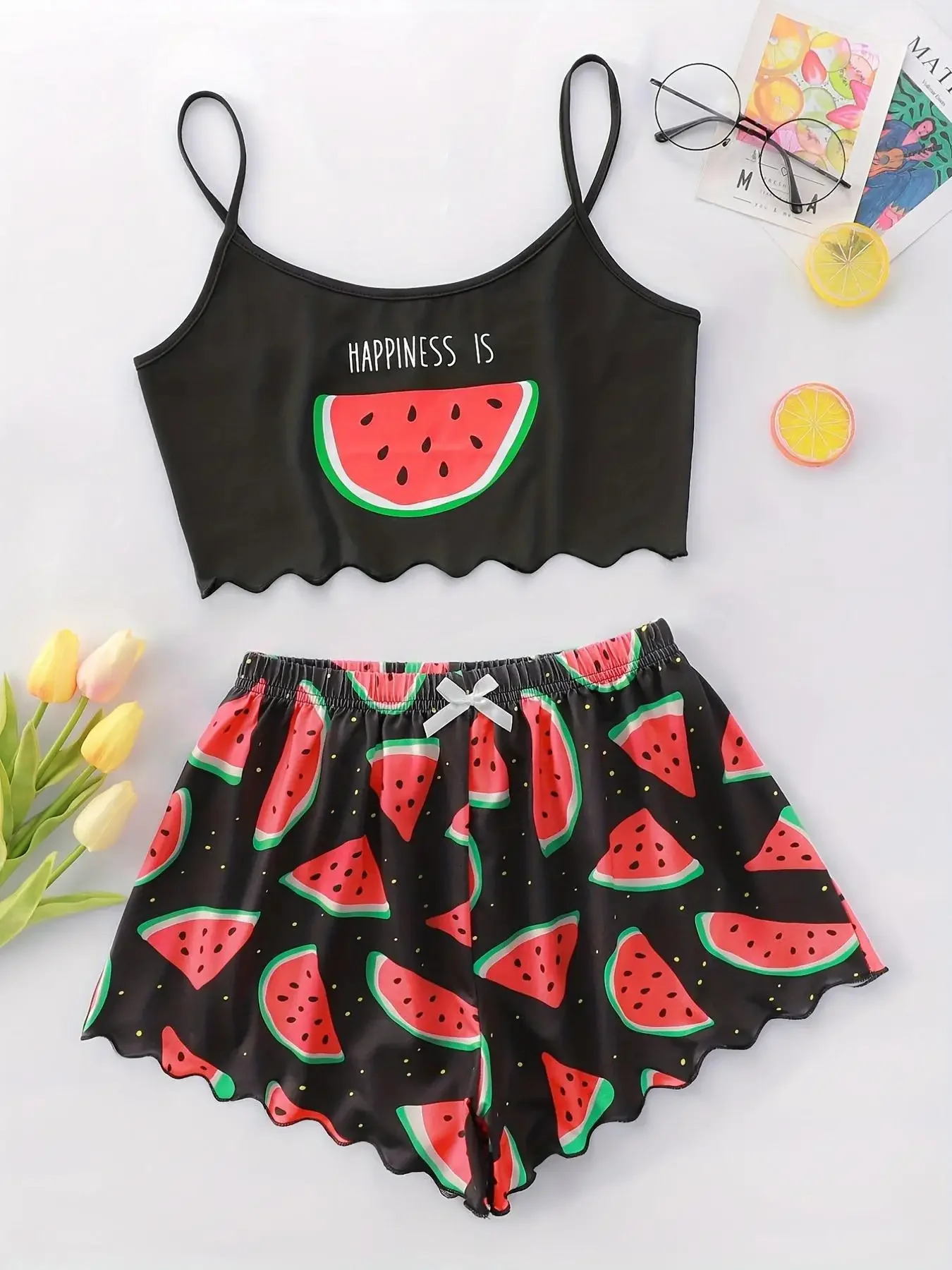 Watermelon Lettuce Women Pajama Set Sleeveless O Neck Crop Top Elastic Waist Shorts 2 Pieces Female Sleepwear Summer Nightwear 250210