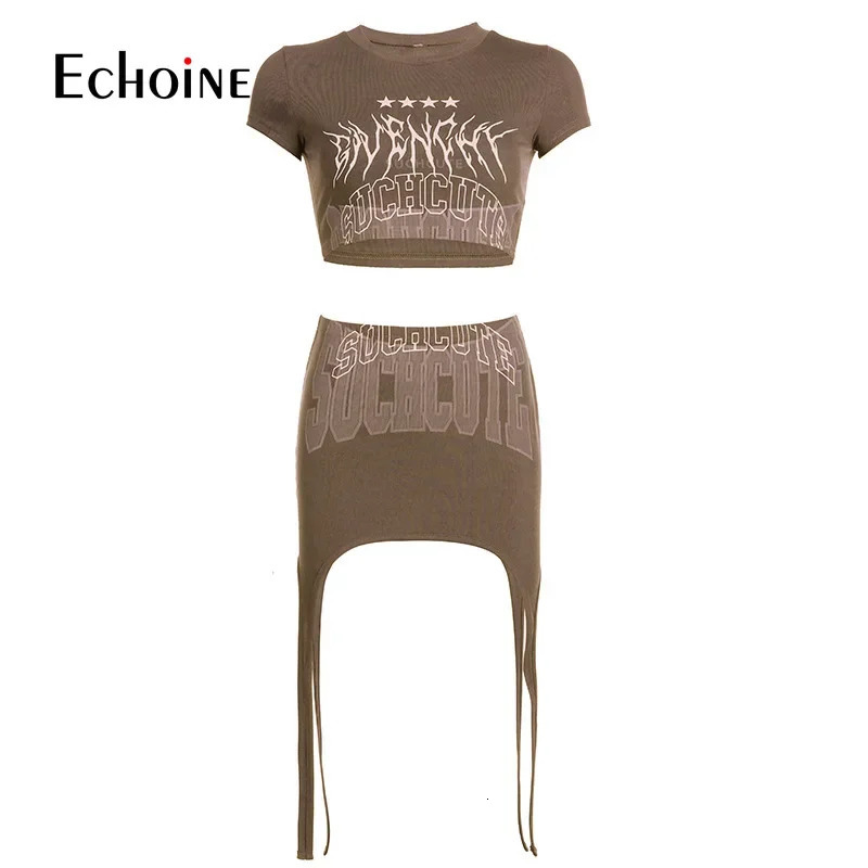 Echoine Women Print shortsleeve Crop Tops And irregular Mini Skirt 2 Two Piece Set Summer Sexy Fashion Party Tracksuit Outfits 250210