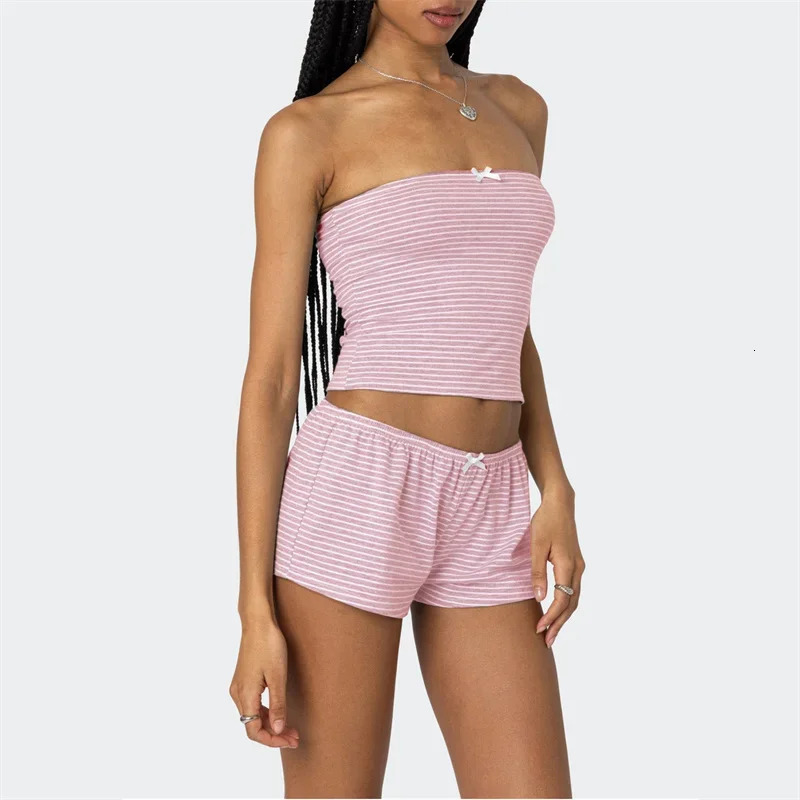 Women Two Piece Outfits Y2k Boy Shorts Set Sleeveless Striped Crop Top Button Down Loungewear Pajamas Streetwear 250210