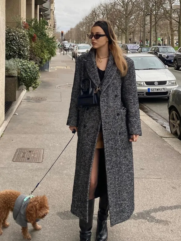 Suit Collar Striped Long Coat Thicken Woolen Overcoat Casual Loose Elegant Womens Commute Warm Cotton Coats Autumn Winter 250109Z