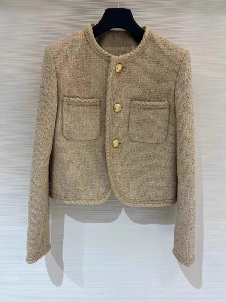 Autumn Womens Tweed Jacket Chic Single-Breasted Round Neck Elegant Wool Short Coat Femme Outwear Casacos 250208