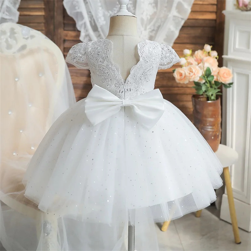 Champagne Flower Girl Dress Vintage Lace Princess Ball Gown Toddler Christening Birthday Prom Gown Bow V-Back Tulle Tutu Dresses 250210