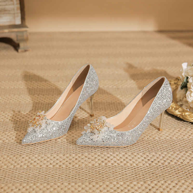 Dress Shoes 2023 wedding shoe New bridesmaids pointed toe stiletto single shoes champagne sequined heels 230823