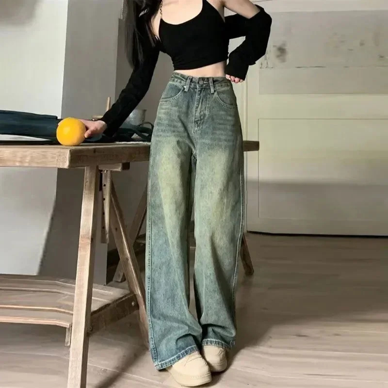 2024 Vintage Jean Irregular High Waist Slimming Wide Leg Mop Long Pants Fashion Blue Baggy Jeans Y2K y250121