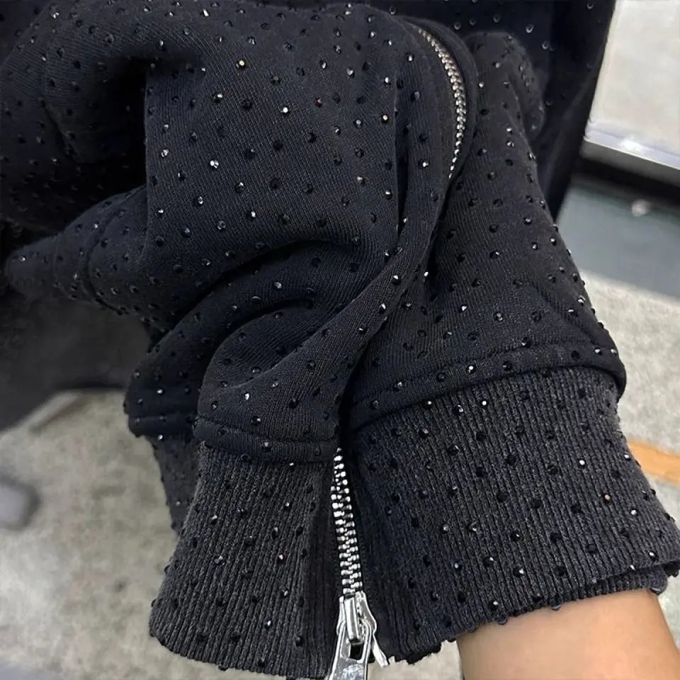 150kg Plus Size L4XL Women Zipup Hoodies Diamond Stamping Long Sleeve Female Hooded Jackets Springautumn Cardigan 250210