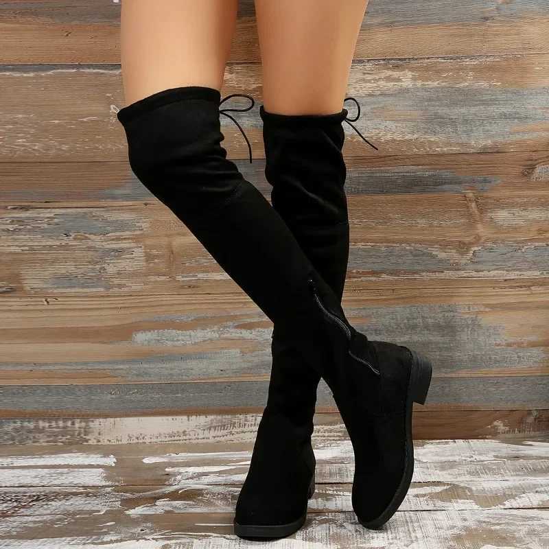 Fashion Slim Over The Knee Boots Women Autumn Winter Short Plush Long Boots Woman Black Flock Low Heel Thigh High Botas Big SizeC250210