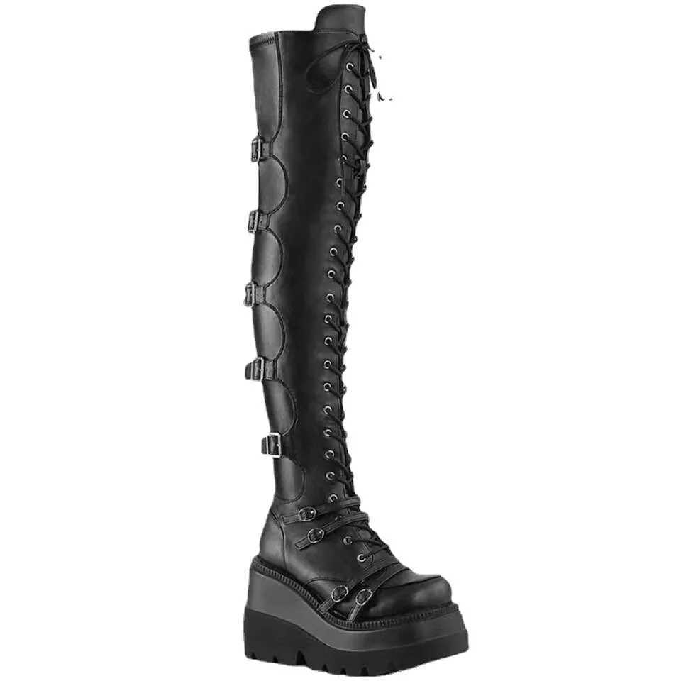 Fashion High Boots Women Platform Wedges Motorcycle Boot Over The Knee Army Stripper Heels Black Lace-up Belt Buckle Long BootsC250210