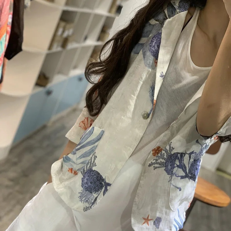 Blazers Women Print Single Button Notched Loose Elegant Stylish Casual All-match Summer Breathable Thin Cool Fashion Daily 250206