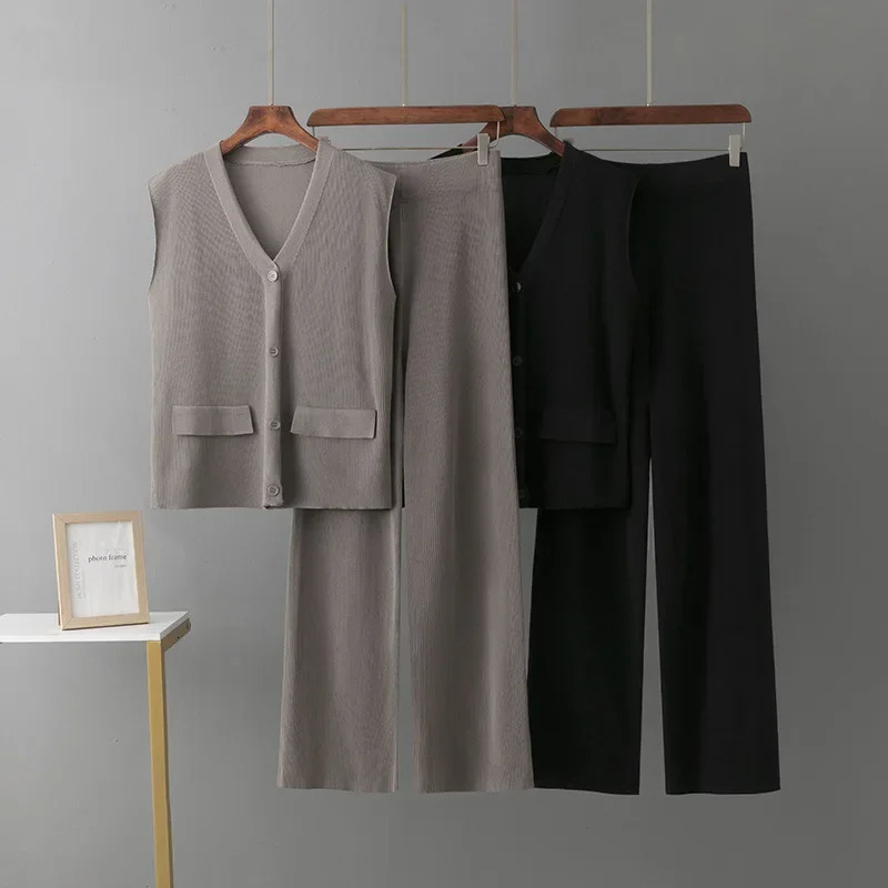 Elegant Tracksuit Suit Women O Neck Button Contrast Color Short-sleeved Tops with High Waist Wide Leg Knit Pants Two-piece Set 250210