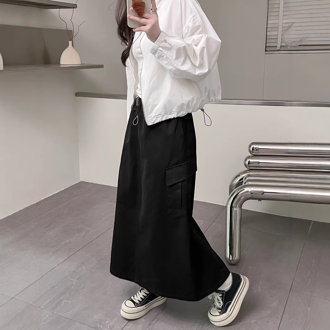 KO5210 American retro elastic waist workwear skirt female 2025 spring new slit long skirt 250053