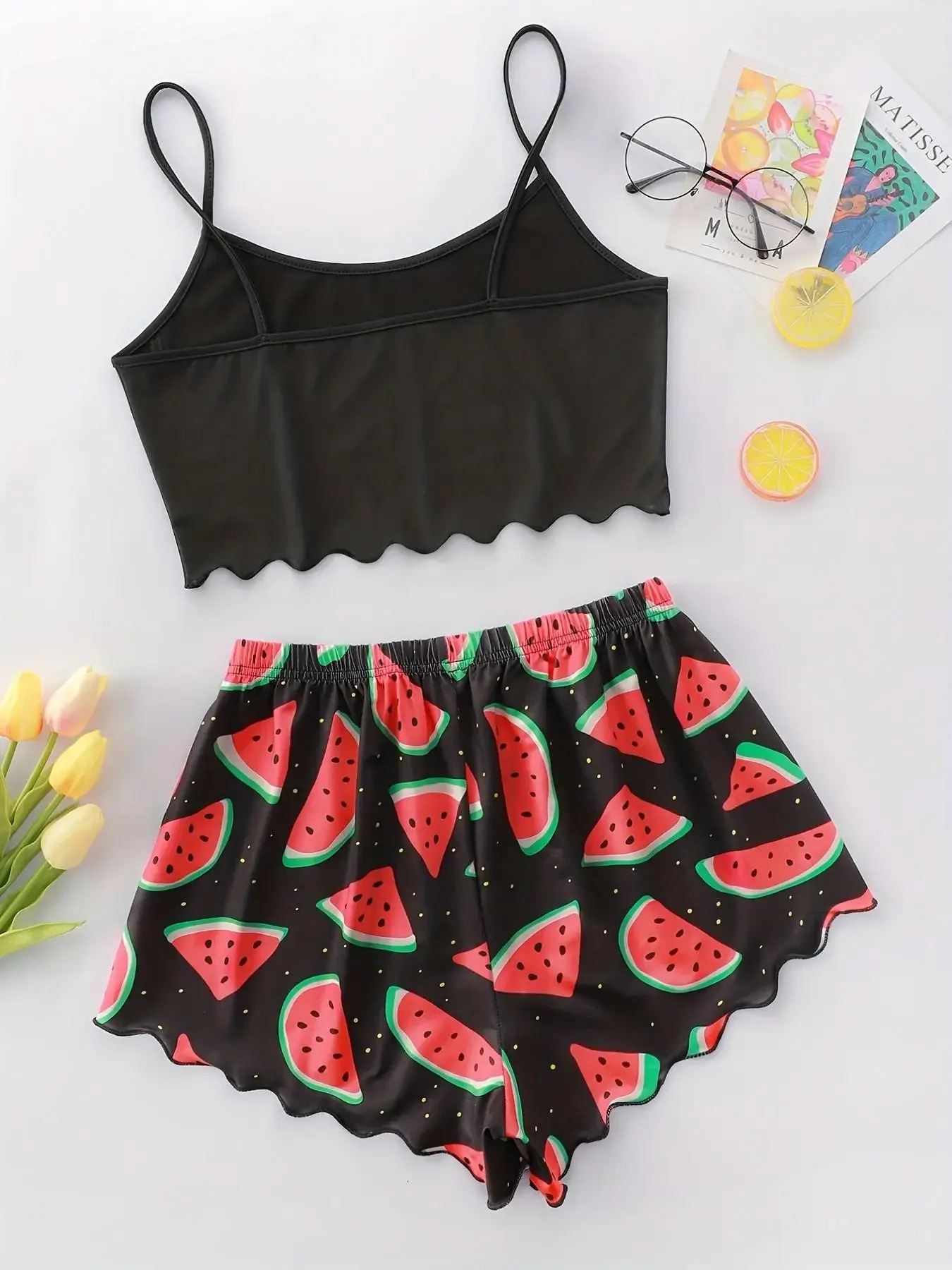 Watermelon Lettuce Women Pajama Set Sleeveless O Neck Crop Top Elastic Waist Shorts 2 Pieces Female Sleepwear Summer Nightwear 250210