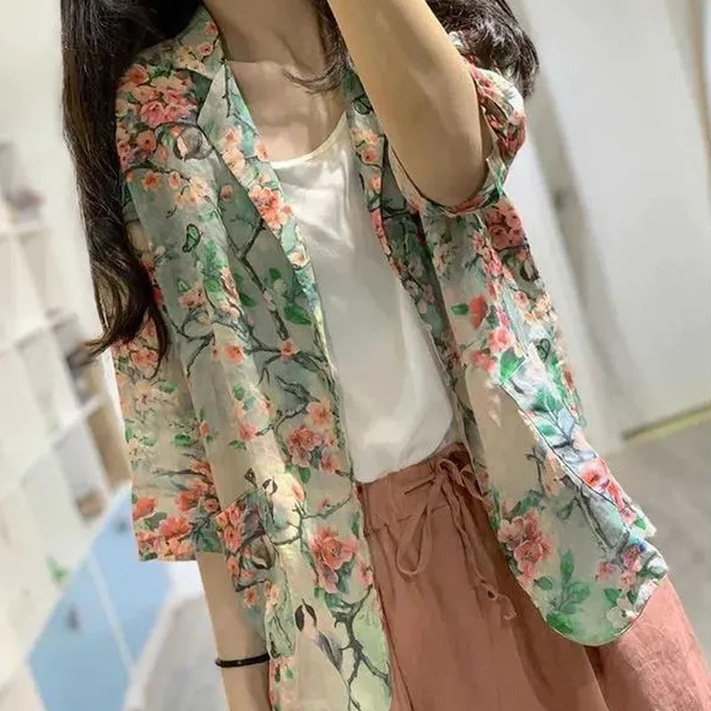 Blazers Women Print Single Button Notched Loose Elegant Stylish Casual All-match Summer Breathable Thin Cool Fashion Daily 250206