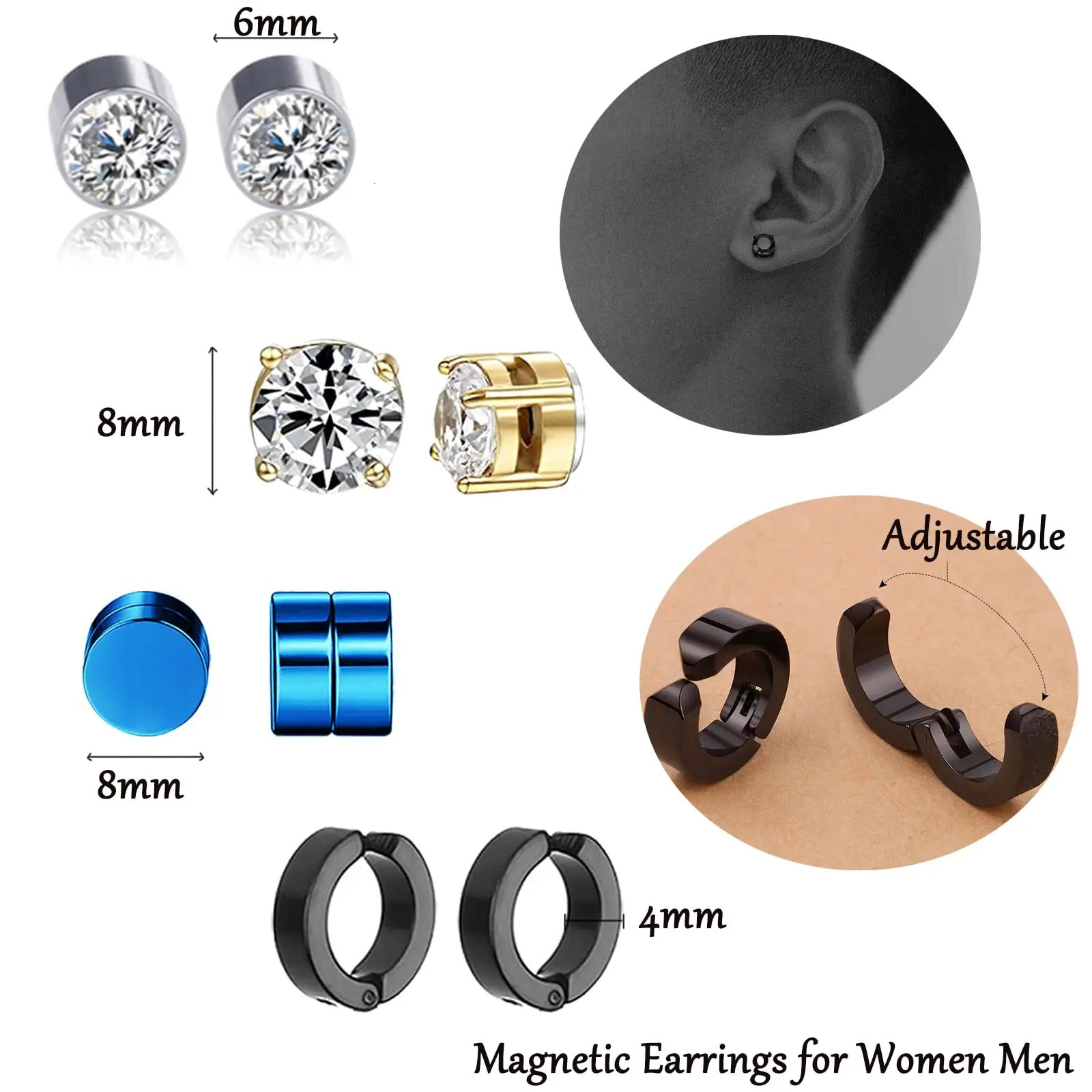 4-12 Pairs Stainless Steel Magnetic Cubic Zirconia Stud Earrings Clip on Non Piercing Hoop Earrings Set for Men Women 250210