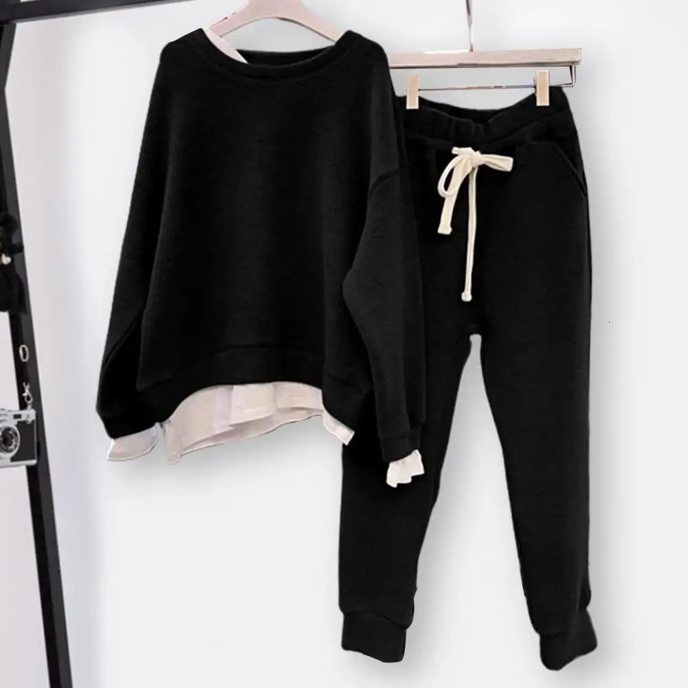 Trendy Women Autumn Tracksuit Fake Two-piece Pockets Sweatshirt Sweatpants Set Sportwear Sweatshirt Sweatpants Set 250210